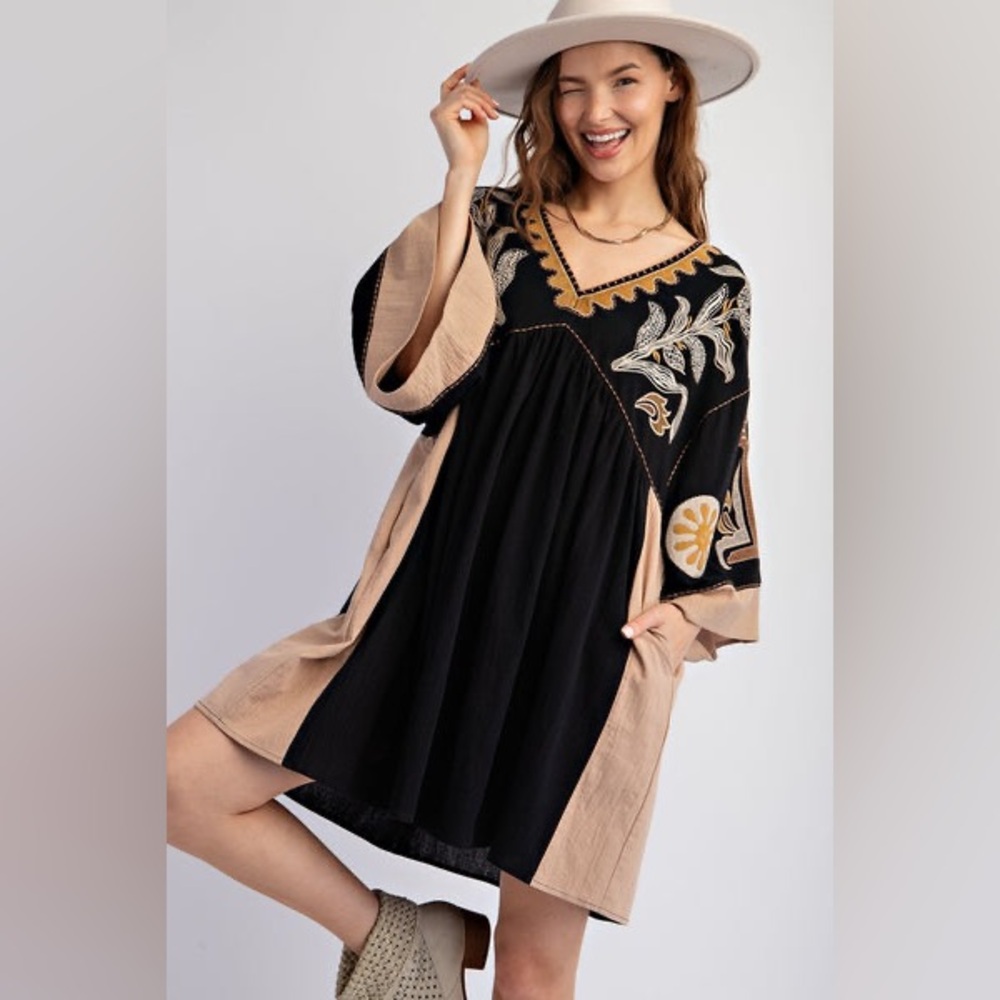 Black and Tan Embroidered Mini Dress